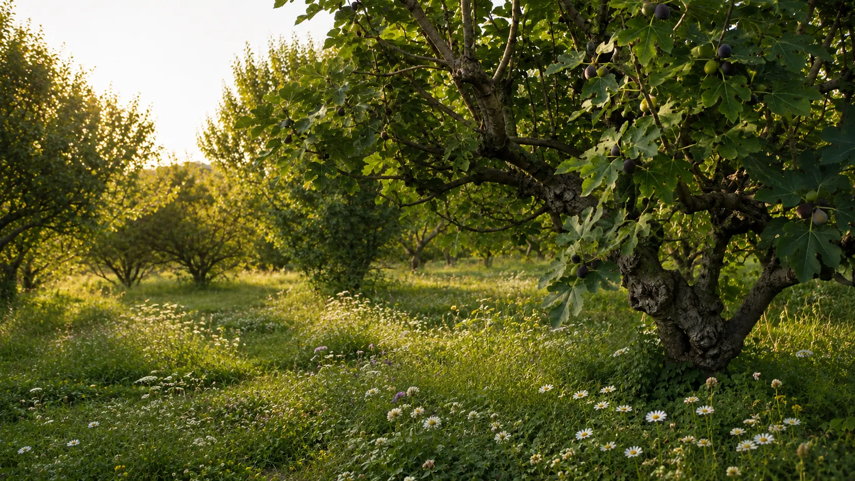 Verger fruitier agroécologique au sol couvert et fleuri